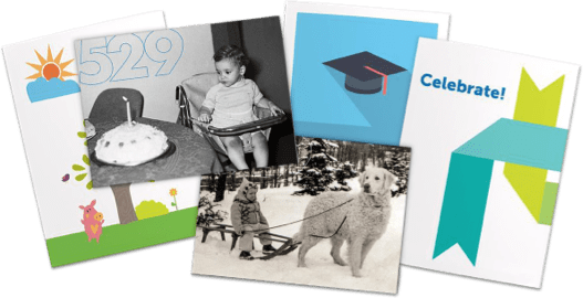 examples of greeting cards layed out, some with black and white photos of children and pets and others with decorative colors and shapes