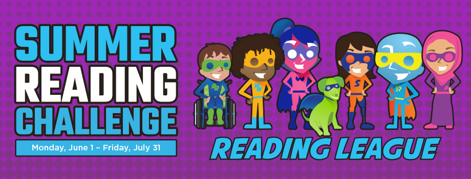 Logo for CML's Summer Reading Challenge with cartoon kids superheroes
