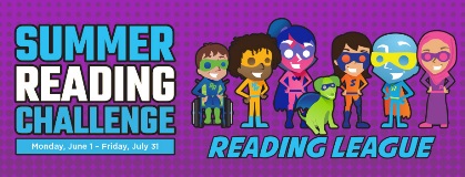 Logo for CML's Summer Reading Challenge with cartoon kids superheroes