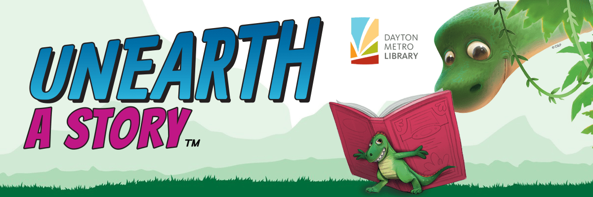 Dinosaurs reading a book with the text "Unearth a Story"