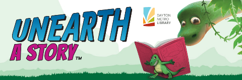 Dinosaurs reading a book with the text "Unearth a Story"