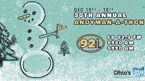 Snowman with CD92.9 logo and 30th annual  Andyman-A-Thon information