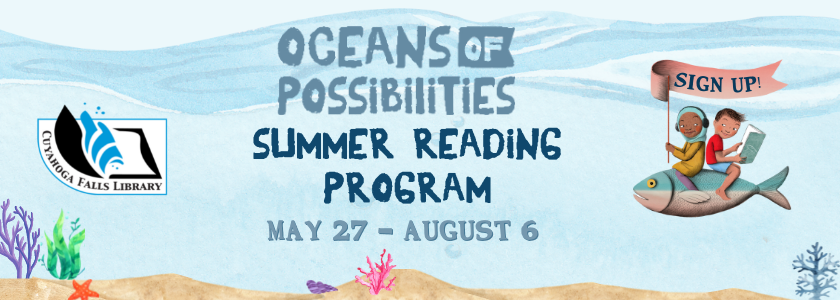 Cuyahoga Falls Library Summer Reading Two children sit on a fish in an underwater scene