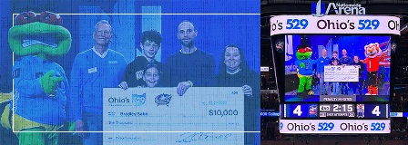 2023 Columbus Blue Jacket College Savings Assist winner Brad Sabo and family on scoreboard