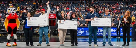 Columbus Fury mascot Lumi stands with 2026 Columbus Fury College Savings Ace, State Educator of the Year, and Educator Night Winners