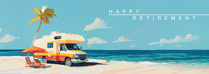 Camper van on beach with palm trees and ocean. Banner says "Happy Retirement."