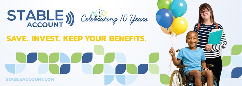 Boy in wheelchair holds balloons sits as girl stands near. STABLE Account logo
