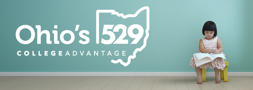 Ohio's 529 Plan logo on chalkboard next to a little girl in a pink tutu reading a book while sitting on a yellow stool